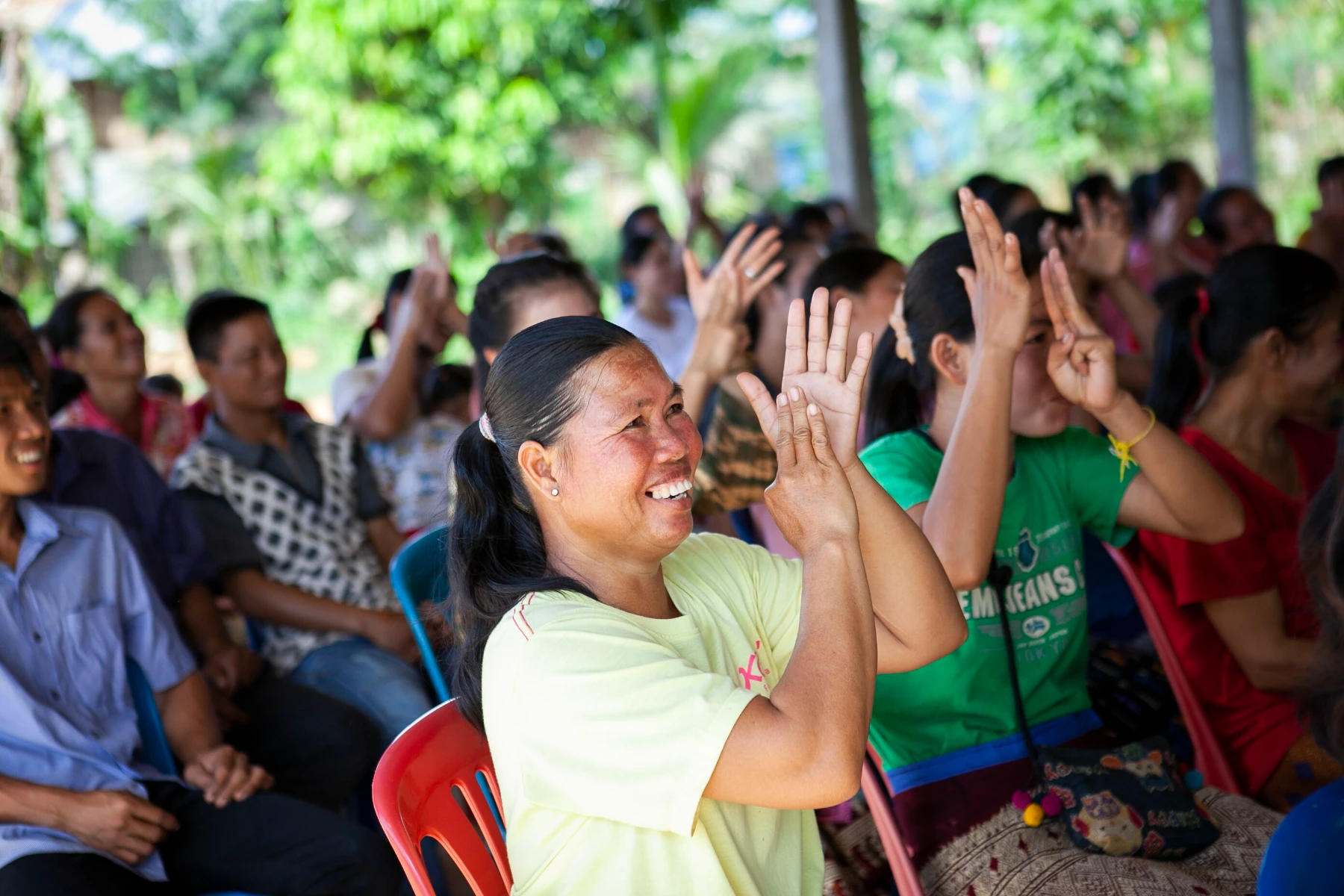 Participants engage during a community outreach session in Lao PDR, as part of the Access Justice Program, to expand fair dispute resolution for rural and vulnerable communities.